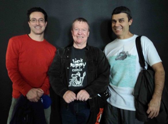 L to R: Tim McEwen, Doctor Comics(wearing Sick Puppy Comix T-shirt), Cefn Ridout. (Photo by Louise Graber)