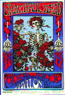 Bones and roses in 1966 Grateful Dead poster Skeleton and Roses designed by Alton Kelley and Stanley Mouse.