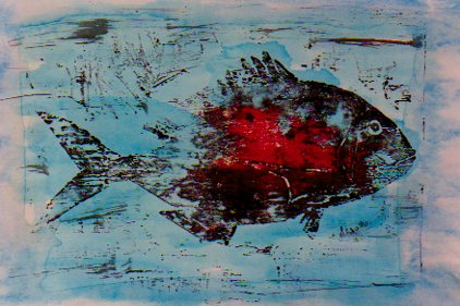 Bloody fish (woodblock print-© 2000 Michael Hill)